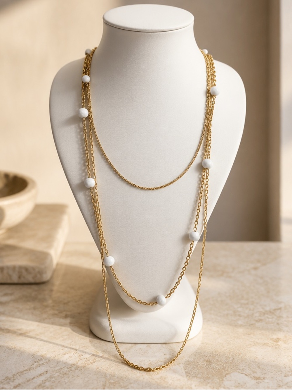 NAPIER vintage Layered Gold Chain Necklace with White Bead Accents